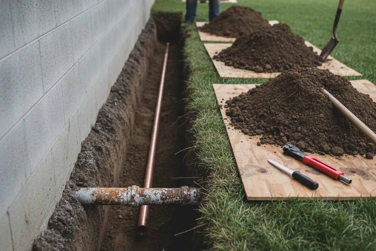 Excavated water line trench during Water Softener Installation in Stewartville